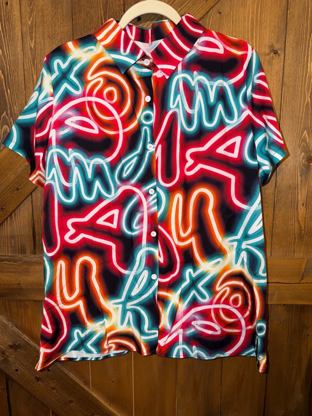 Women’s Neon Print Short Sleeve Button-Up Shirt - Multicolor - Picture 4 of 7